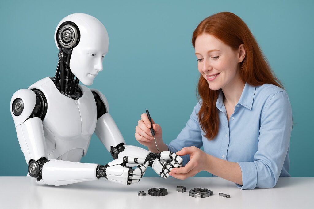 Een roodharige vrouw werkt glimlachend samen met een humanoïde robot aan het monteren van de robotarm — symbool voor vertrouwen en samenwerking tussen mens en AI.