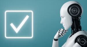 Vriendelijke humanoïde robot aan een witte tafel die nadenkend naar een verlicht vinkje kijkt, symbool voor betrouwbare en verantwoorde AI.